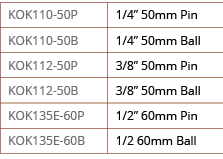 KOK110-50P,1 4   50mm Pin,KOK110-50B ,1 4   50mm Ball,KOK112-50P,3 8   50mm Pin,KOK112-50B,3 8   50mm Ball,KOK135E-60   