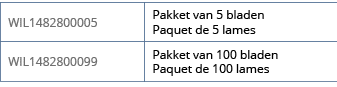 WIL1482800005,Pakket van 5 bladen Paquet de 5 lames,WIL1482800099,Pakket van 100 bladen Paquet de 100 lames