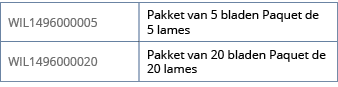 WIL1496000005,Pakket van 5 bladen Paquet de 5 lames,WIL1496000020,Pakket van 20 bladen Paquet de 20 lames