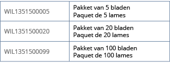 WIL1351500005,Pakket van 5 bladen Paquet de 5 lames,WIL1351500020,Pakket van 20 bladen Paquet de 20 lames,WIL13515000   