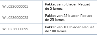 WIL0236000005,Pakket van 5 bladen Paquet de 5 lames,WIL0236000025,Pakket van 25 bladen Paquet de 25 lames,WIL02360000   