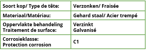 Soort kop  Type de t te:,Verzonken  Frais e,Materiaal Mat riau:,Gehard staal  Acier tremp ,Oppervlakte behandeling Tr   