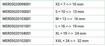 WER05020099001,XS   7  -  10 mm,WER05020100001,S   10  -  13 mm,WER05020103001,M   13  -  16 mm,WER05020101001,L   16   