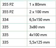 355 PZ,1 x 80mm,355 PZ,2 x 100 mm,334,6,5x150 mm,335,3x80 mm,335,4x100 mm,335,5,5x125 mm