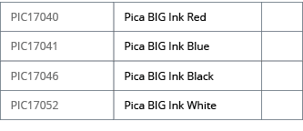 PIC17040,Pica BIG Ink Red,,PIC17041,Pica BIG Ink Blue,,PIC17046,Pica BIG Ink Black,,PIC17052,Pica BIG Ink White,