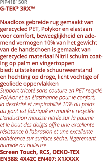 PIP418150R G-TEK  3RX  Naadloos gebreide rug gemaakt van gerecycled PET, Polykor en elastaan voor comfort, beweeglijk   