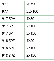 977,20X90,977,25X100,917 SPH,1X80,917 SPH,2X100,917 SPH,3X150,918 SPZ,1X80,918 SPZ,2X100,918 SPZ,3X150