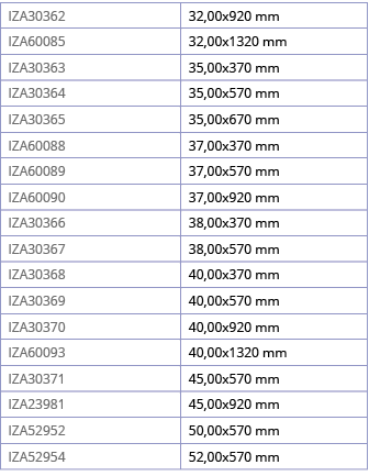 IZA30362,32,00x920 mm,IZA60085,32,00x1320 mm,IZA30363,35,00x370 mm,IZA30364,35,00x570 mm,IZA30365,35,00x670 mm,IZA600   