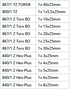 867 1 TZ TORX  ,1x 40x25mm,800 1 TZ,1x 1x5,5x25mm,867 1 Z Torx BO,1x 10x25mm,867 1 Z Torx BO,1x 15x25mm,867 1 Z Torx    