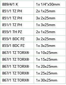 889 4 1 K,1x 1 4  x50mm,851 1 TZ PH,2x 1x25mm,851 1 TZ PH,3x 2x25mm,851 1 TZ PH,1x 3x25mm,855 1 TH PZ,2x 1x25mm,855 1   