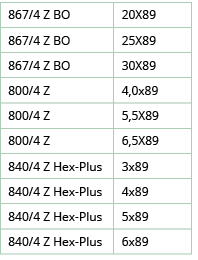 867 4 Z BO,20X89,867 4 Z BO,25X89,867 4 Z BO,30X89,800 4 Z,4,0x89,800 4 Z,5,5X89,800 4 Z,6,5X89,840 4 Z Hex-Plus,3x89   