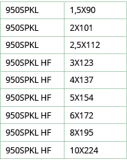 950SPKL ,1,5X90,950SPKL ,2X101,950SPKL ,2,5X112,950SPKL HF ,3X123,950SPKL HF ,4X137,950SPKL HF ,5X154,950SPKL HF ,6X1   