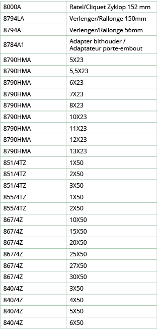 8000A,Ratel Cliquet Zyklop 152 mm ,8794LA,Verlenger Rallonge 150mm,8794A,Verlenger Rallonge 56mm,8784A1,Adapter bitho   