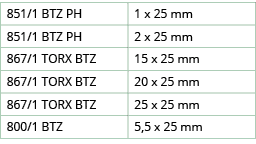 851 1 BTZ PH,1 x 25 mm,851 1 BTZ PH,2 x 25 mm,867 1 TORX BTZ,15 x 25 mm,867 1 TORX BTZ,20 x 25 mm,867 1 TORX BTZ,25 x   