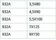 932A,3,5X80,932A,4,5X90,932A,5,5X100,932A,7X125,932A,9X150