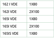 162 I VDE,1X80,162I VDE,2X100,165I VDE,1X80,165I VDE,2X100,165IS VDE,1X80