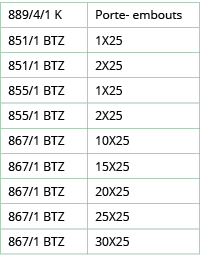 889 4 1 K,Porte- embouts,851 1 BTZ,1X25,851 1 BTZ,2X25,855 1 BTZ,1X25,855 1 BTZ,2X25,867 1 BTZ,10X25,867 1 BTZ,15X25,   