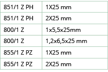 851 1 Z PH,1X25 mm,851 1 Z PH,2X25 mm,800 1 Z,1x5,5x25mm,800 1 Z,1,2x6,5x25 mm,855 1 Z PZ,1X25 mm,855 1 Z PZ,2X25 mm