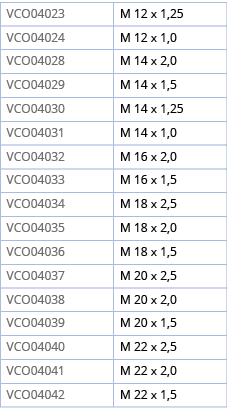 VCO04023,M 12 x 1,25,VCO04024,M 12 x 1,0,VCO04028,M 14 x 2,0,VCO04029,M 14 x 1,5,VCO04030,M 14 x 1,25,VCO04031,M 14 x   