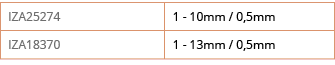 IZA25274,1 - 10mm   0,5mm,IZA18370,1 - 13mm   0,5mm