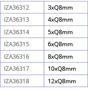 IZA36312,3xQ8mm,IZA36313,4xQ8mm,IZA36314,5xQ8mm,IZA36315,6xQ8mm,IZA36316,8xQ8mm,IZA36317,10xQ8mm,IZA36318,12xQ8mm