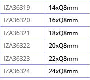IZA36319,14xQ8mm,IZA36320,16xQ8mm,IZA36321,18xQ8mm,IZA36322,20xQ8mm,IZA36323,22xQ8mm,IZA36324,24xQ8mm