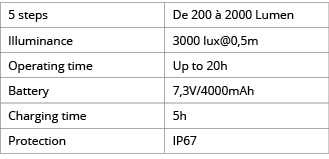 5 steps,De 200   2000 Lumen,Illuminance,3000 lux 0,5m,Operating time,Up to 20h,Battery,7,3V 4000mAh,Charging time,5h,   