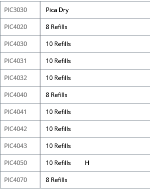 PIC3030,Pica Dry,PIC4020,8 Refills ,PIC4030,10 Refills,PIC4031,10 Refills,PIC4032,10 Refills ,PIC4040,8 Refills ,PIC4   