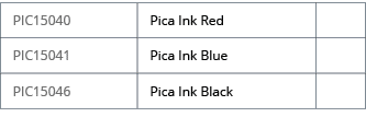 PIC15040,Pica Ink Red,,PIC15041,Pica Ink Blue,,PIC15046,Pica Ink Black,