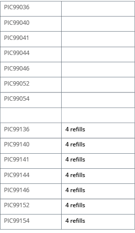 PIC99036,,PIC99040,,PIC99041,,PIC99044,,PIC99046,,PIC99052,,PIC99054,,,,PIC99136,4 refills,PIC99140,4 refills,PIC9914   