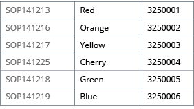 SOP141213,Red,3250001,SOP141216,Orange,3250002,SOP141217,Yellow,3250003,SOP141225,Cherry,3250004,SOP141218,Green,3250   