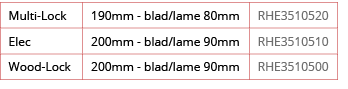 Multi-Lock,190mm - blad lame 80mm,RHE3510520,Elec,200mm - blad lame 90mm,RHE3510510,Wood-Lock,200mm - blad lame 90mm,   