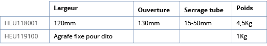 ,Largeur,Ouverture,Serrage tube,Poids,HEU118001,120mm ,130mm,15-50mm,4,5Kg,HEU119100,Agrafe fixe pour dito,,,1Kg